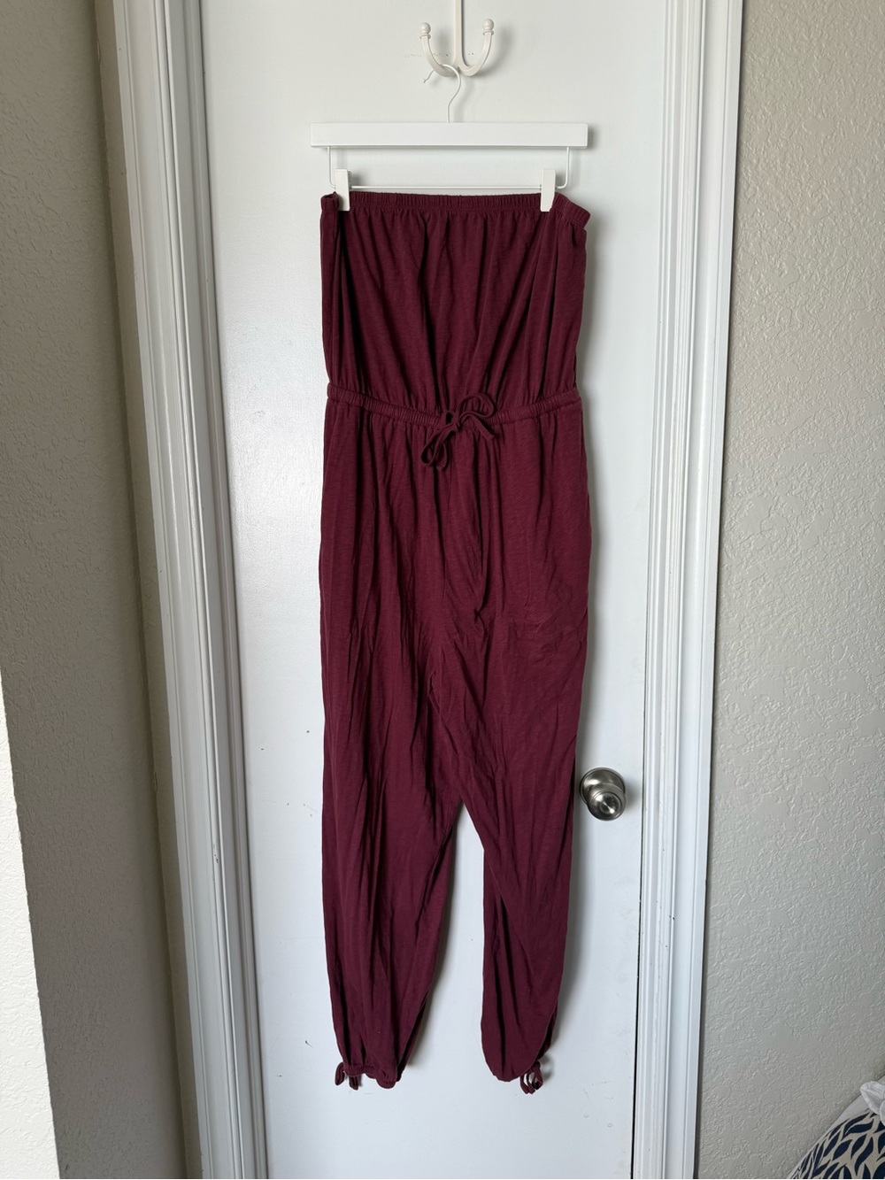 American Eagle Outfitters Strapless Tie-Waist Jumpsuit in Wine